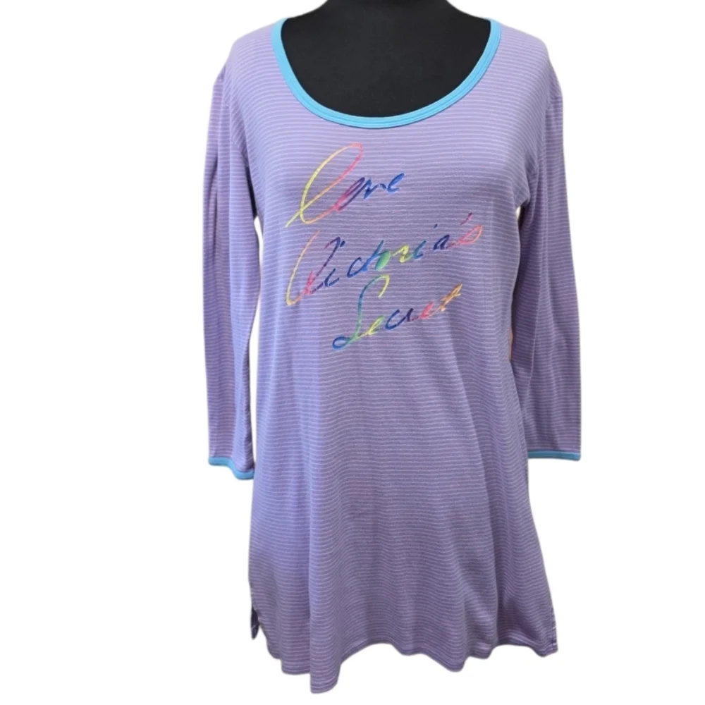 Victoria's Secret XS Cotton Nightgown Purple Striped Pajamas Rainbow Logo